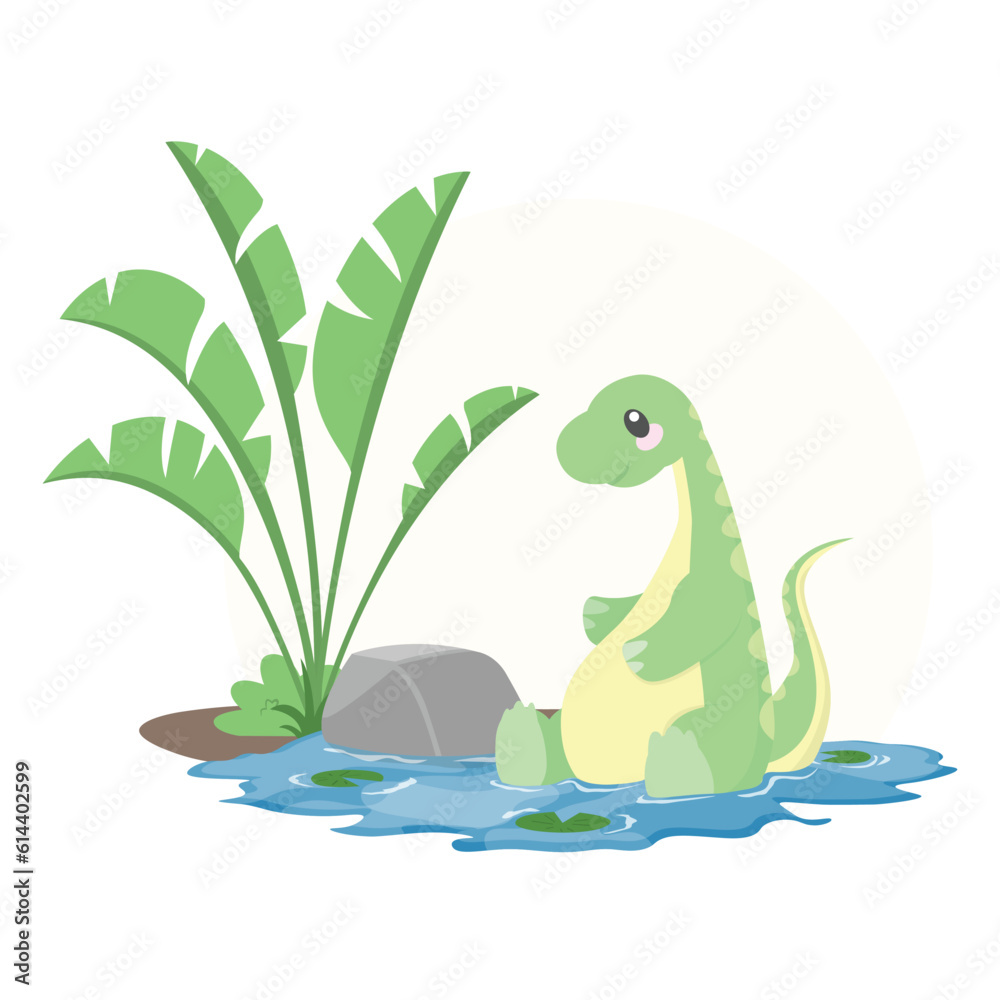 Fototapeta premium Cute Brontosaurus Playing Water Vector Illustrations