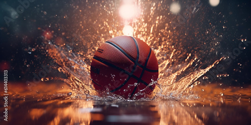 The basketball is in an enclosed splash and being sprayed with water in the background.