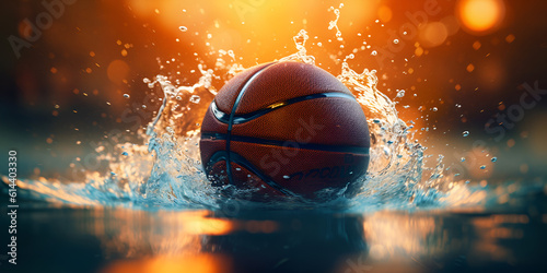 The basketball is in an enclosed splash and being sprayed with water in the background.