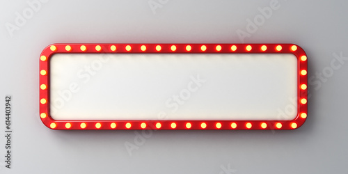 Long retro billboard or blank shining signboard with glowing yellow neon light bulbs isolated on white wall background with shadow 3D rendering