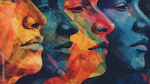 Abstract colorful overlapping head profiles pattern with grunge texture , Generative AI.