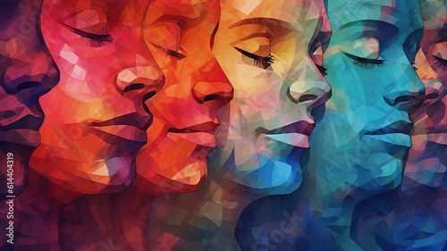 Abstract colorful overlapping head profiles pattern with grunge texture , Generative AI.