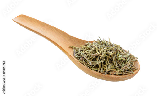 Dried rosemary leaves in wooden spoon on transparent png