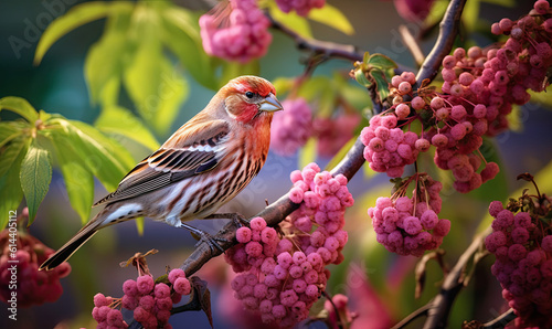 purple finch perching on the branch with pink flowers. Generative AI image.