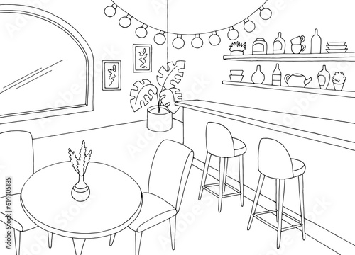 Cafe bar graphic black white interior sketch illustration vector 