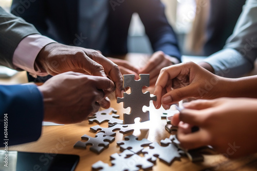Diverse corporate office workers collaborate in a team building puzzles. Team work concept. Unity and synergy in business concept by merging jigsaw puzzle. High quality photo