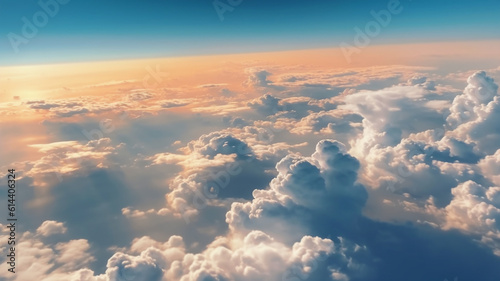 Beautiful pastel cloudscape. Fluffy clouds in the sky. Horizon from a plane. Weather and overcast dawn. © Tkz26 Graphics