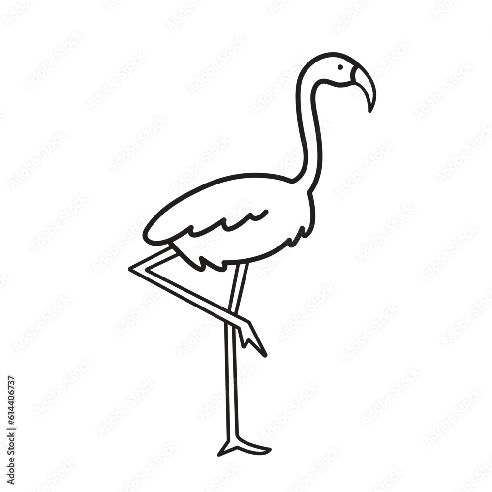 Obraz premium Flamingo bird vector icon outline isolated on square white background. Simple flat sea marine animal creatures outlined cartoon drawing. Stand on one leg bird.