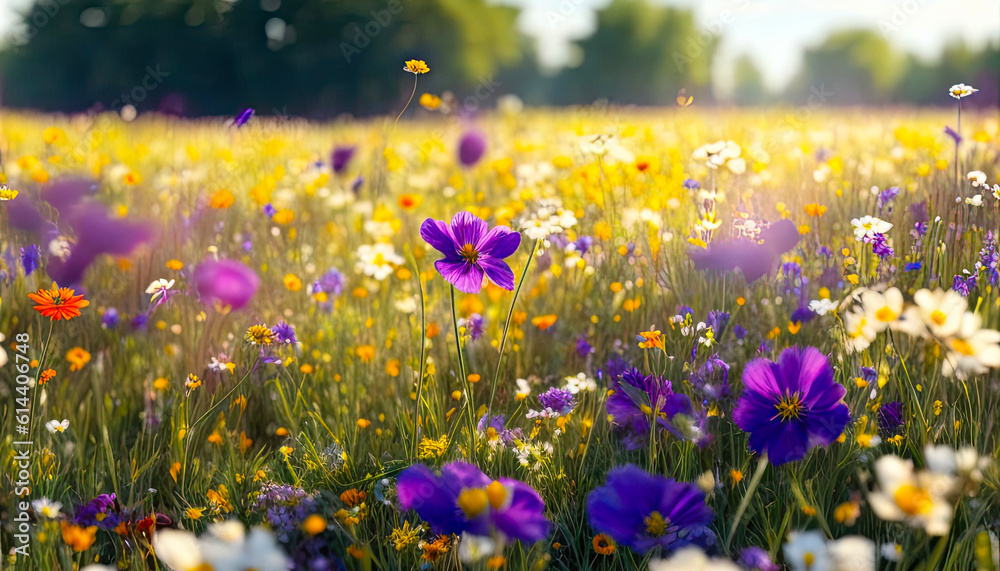 Colorful flower meadow in summer. Wild flowers in spring,  sunset, Generative ai