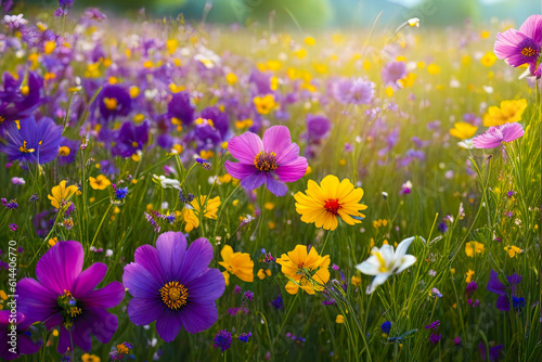 Colorful flower meadow in summer. Wild flowers in spring   sunset  Generative ai
