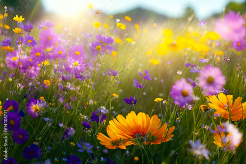 Colorful flower meadow in summer. Wild flowers in spring, sunset, Generative ai