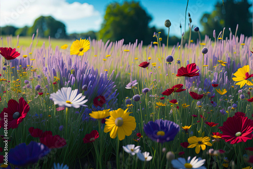 Colorful flower meadow in summer. Wild flowers in spring, sunset, Generative ai