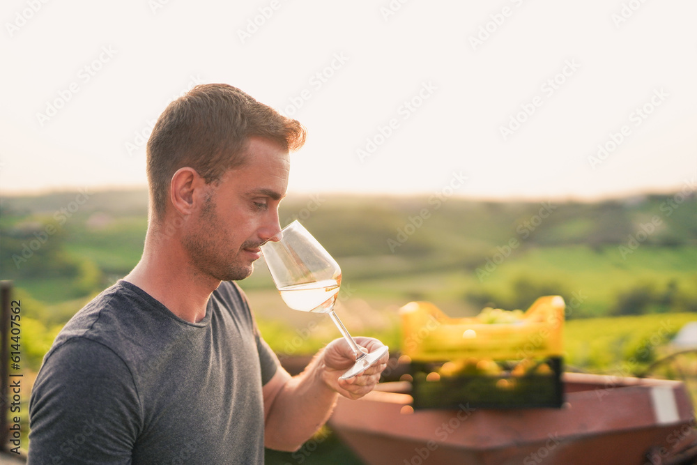 Fototapeta premium Young man tasting wine at sunset with wineyard in the background - Harvest and vine production concept
