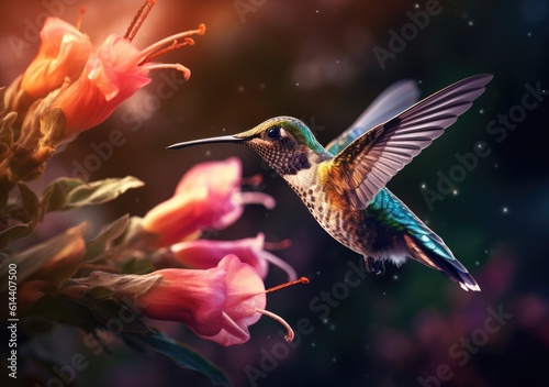 A charming hummingbird. Wallpaper, Background, digital Poster, Generative AI. © Metodi