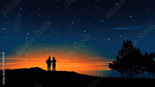 silhouettes of two people with night sky in the background. Generative AI image.