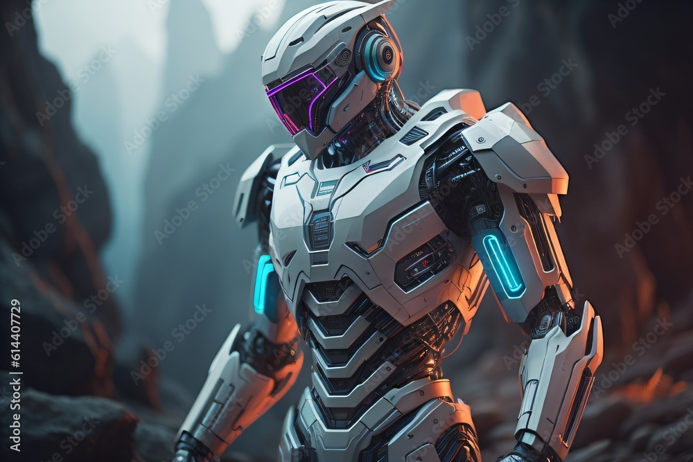 a cool futuristic robot in war looking left a cool futuristic robot in war looking left