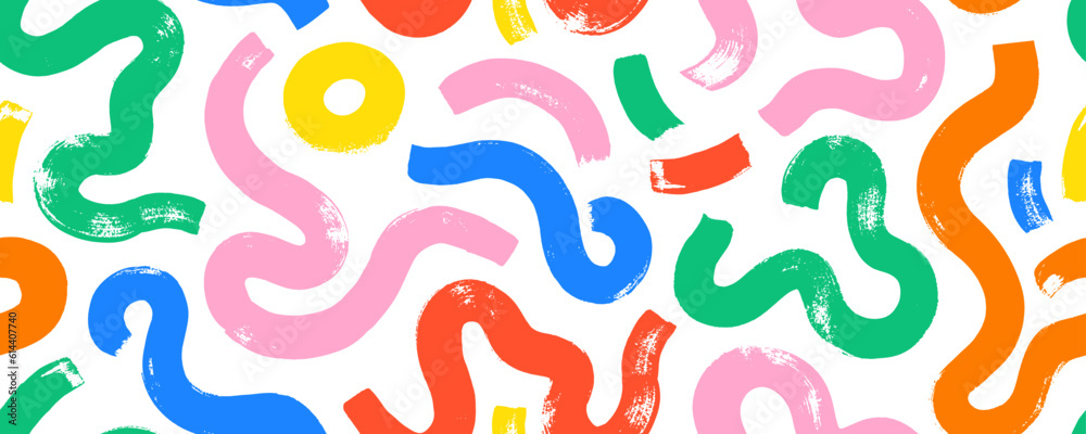 Multi colored squiggles with circles seamless pattern. Brush drawn bold curved lines, waves and swirls. Abstract geometric colorful background with organic bold lines. Childish doodles and scribbles.