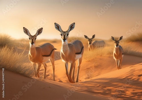 A group of desert-dwelling wildlife such as gazelles. Wallpaper, Background, digital Poster, Generative AI.