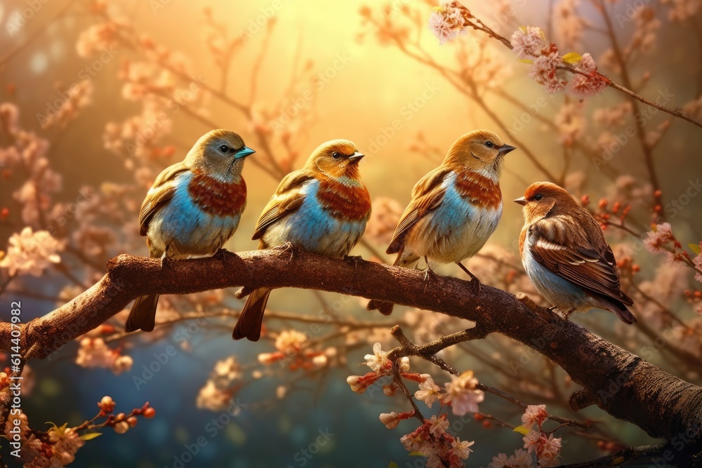 Obraz premium Peaceful Serenade Birds Perched on Branches Singing. Wallpaper, Background, digital Poster, Generative AI.