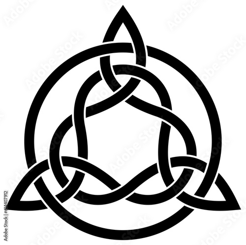 Dreieinigkeits Knoten als Kontur in Schwarz. Keltisches Symbol auch bekannt als Triquetra. Isolierter Hintergrund.
Die Triqueta symbolisiert die drei Bereiche Körper, Psyche und Geist.