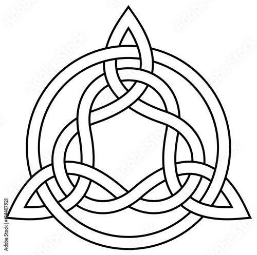 Dreieinigkeits Knoten als Kontur in Schwarz. Keltisches Symbol auch bekannt als Triquetra. Isolierter Hintergrund.
Die Triqueta symbolisiert die drei Bereiche Körper, Psyche und Geist.