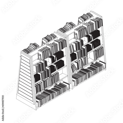Vector of library book shelf background. Mockup of bookshelf with blank books. Wireframe Books on the shelves simply retro vector illustration. line drawing of book, education, school, study 3D.