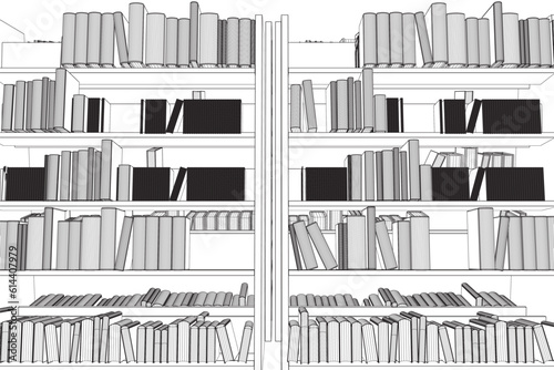 Vector of library book shelf background. Mockup of bookshelf with blank books. Wireframe Books on the shelves simply retro vector illustration. line drawing of book, education, school, study 3D.