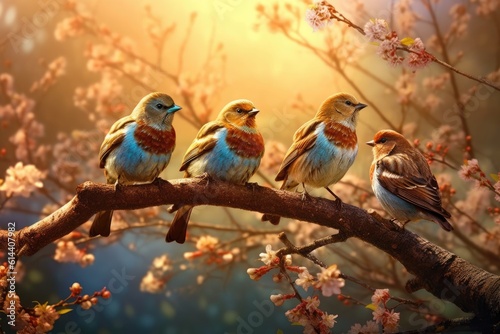 Peaceful Serenade Birds Perched on Branches Singing. Wallpaper, Background, digital Poster, Generative AI. © Metodi