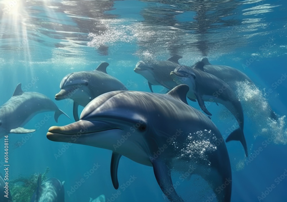 Fototapeta premium Playful Dolphin Pods beautiful picture. Wallpaper, Background, digital Poster, Generative AI.