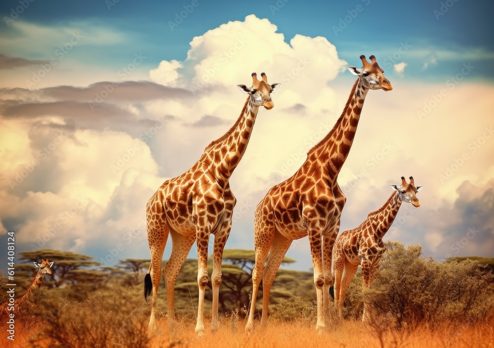 The gentle sway of a family of giraffes. Wallpaper, Background, digital Poster, Generative AI.