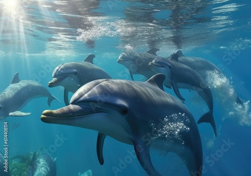 Playful Dolphin Pods beautiful picture. Wallpaper, Background, digital Poster, Generative AI. © Metodi