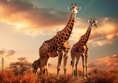 The gentle sway of a family of giraffes. Wallpaper  Background  digital Poster  Generative AI.