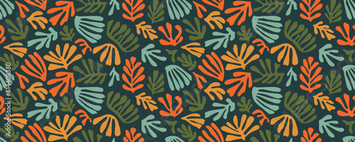 Abstract matisse inspired seamless pattern. Organic shape plant elements in neutral colors. Small branch silhouettes with leaves, algae, organic shapes branches ornament. Modern decorative pattern.