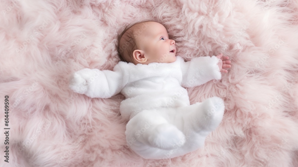 Happy adorable infant baby on fluffy fur background. Cute child. Cozy indoor illustration with copy space. AI generative image. Happy adorable infant baby on fluffy fur background. Cute child. Cozy indoor illustration with copy space. AI generative image.