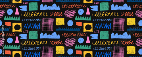 Random childish colored pencil shapes and scribbles seamless pattern. Charcoal geometric figures ornament. Colorful childish freehand scratches and hand drawn crayon shapes background. Doodle objects.