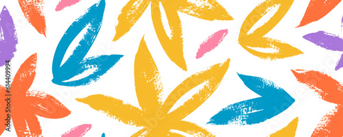 Multi colored seamless pattern with cannabis leaves. Brush drawn marijuana leaves, hemp motif seamless pattern. Vector cannabis colorful background. Natural organic ornament with black branches.