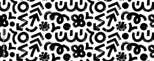 Seamless pattern with various geometric trendy shapes. Bold brush drawn geometric figures and objects ornament. Arrow, circles, swirls, asterisk and curved bold lines. Hand drawn abstract pattern.
