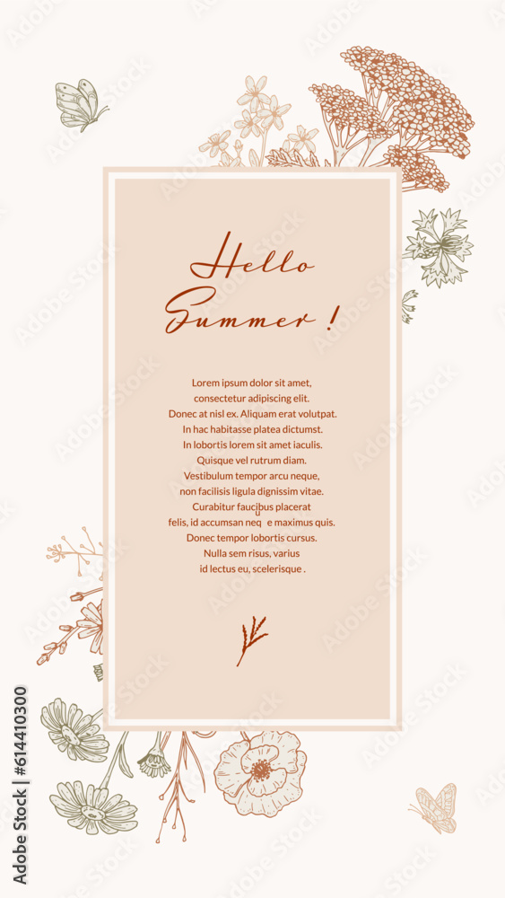 Summer vertical design with wildflowers. Hand drawn vector illustration in sketch style. Social media stories template. Meadow flowers poster. Wedding invitation Summer vertical design with wildflowers. Hand drawn vector illustration in sketch style. Social media stories template. Meadow flowers poster. Wedding invitation