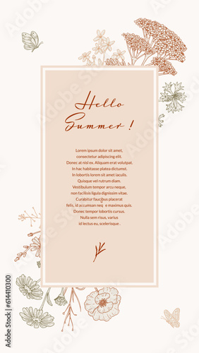 Summer vertical design with wildflowers. Hand drawn vector illustration in sketch style. Social media stories template. Meadow flowers poster. Wedding invitation