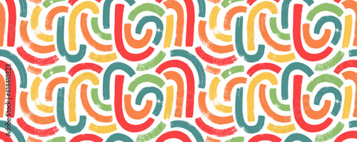 Colored bold brush drawn arches seamless pattern. Abstract geometric background with grunge arches or colorful rainbows. Geometric balance shapes. Bold circular brush strokes, curved lines pattern.