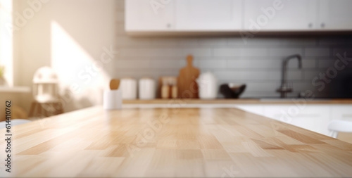 Empty wood table top and blur bokeh modern kitchen interior