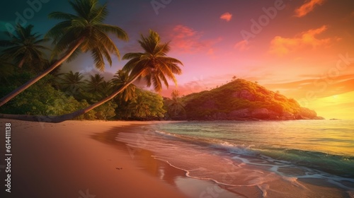 Beautiful sunset on the tropical beach with palm trees and sand. Tropical beach with coconut palm trees at sunset. tropical island at sunset. generative ai