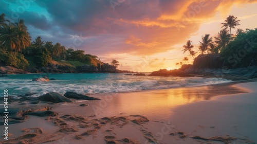 Beautiful sunset on the tropical beach with palm trees and sand. Tropical beach with coconut palm trees at sunset. tropical island at sunset. generative ai