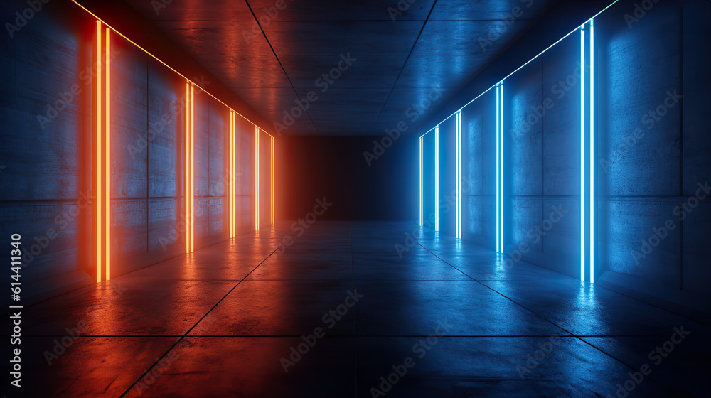 Cyber Retro Futuristic Neon Tunnel: Glowing Blue and Orange in Concrete Grunge. created with Generative AI