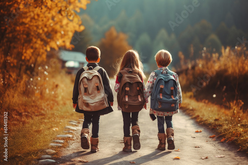 Back To school in autumn. Back view of children with backpacks going to school on a countryside road. High quality photo © Starmarpro