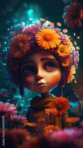 Funny little flower cartoon character. Abstract floral fantastic Beautiful flowers fabulous 3d character. generative ai