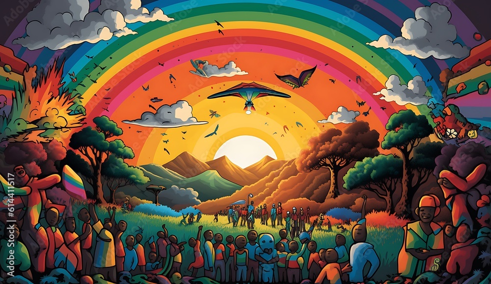 Obraz premium Cartoon nature scene with people and rainbow - illustration for the children ai generated