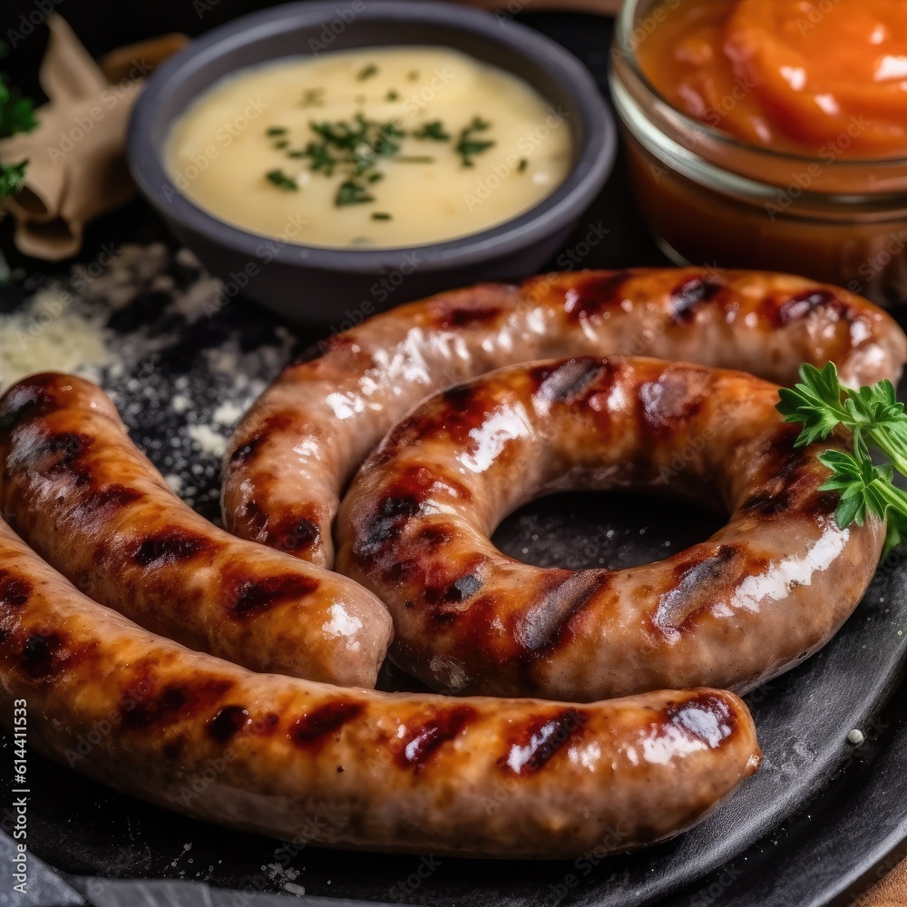 Grilled sausages with mustard and parsley on a black background. generative ai Grilled sausages with mustard and parsley on a black background. generative ai