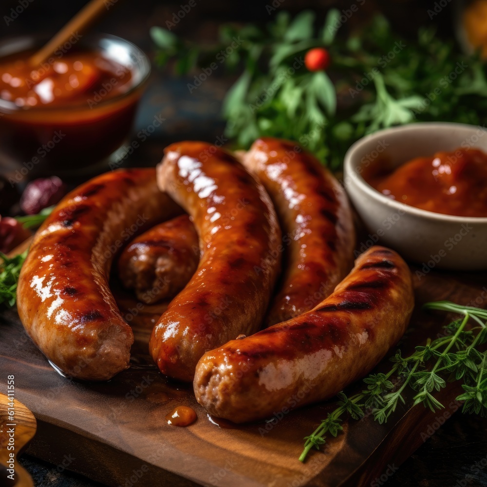 Grilled sausages with mustard and parsley on a black background. generative ai Grilled sausages with mustard and parsley on a black background. generative ai