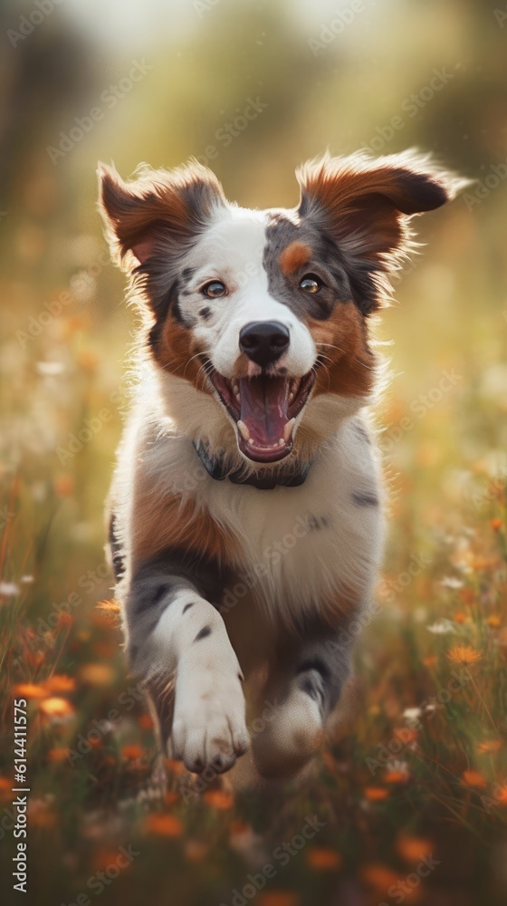 Cute dog running in the field. generative ai